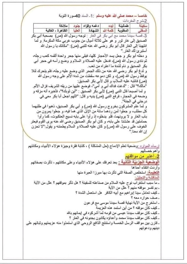 ملخص مواقف وعبر من حياة أولي العزم من الرسل للسنة الرابعة متوسط مذكرة أولو العزم من الرسل