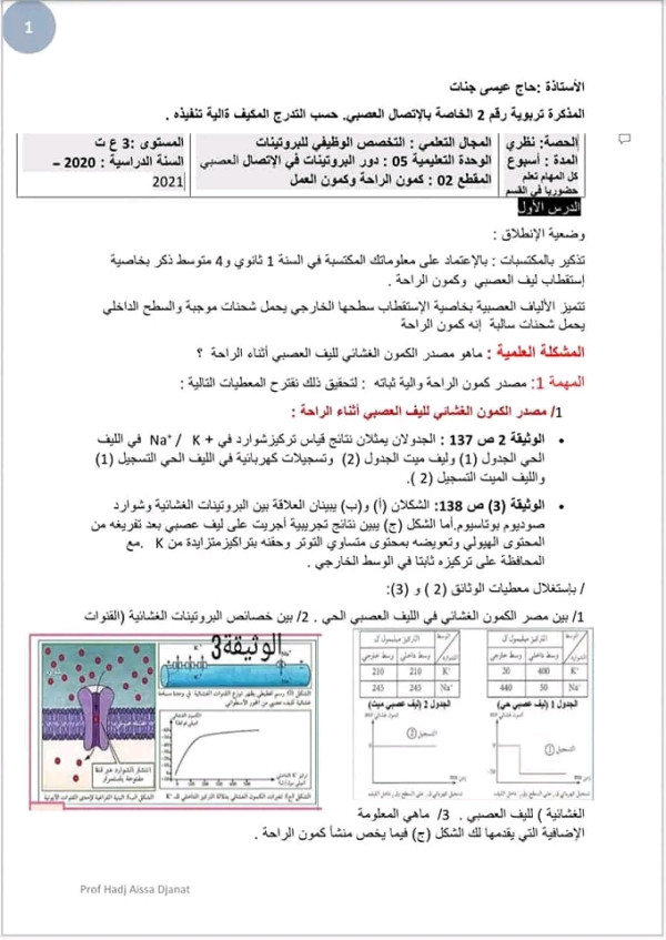 كمون الراحة والعمل ملخص 3ع ت / المذكرة 2 الاتصال العصبي حسب التدرج الجديد المقطع كمون الراحة وكمون العمل .