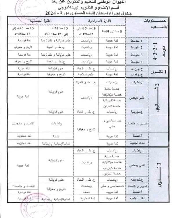 جدول إجراء إمتحان إثبات المستوى ( جميع المستويات والشعب ) دورة 2024بكالوريا الديوان الوطني للتكوين عن بعد 2024 .