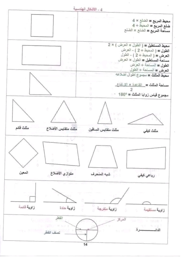 جميع قواعد الرياضيات قوانين الرياضيات الهندسية pdf حساب المساحات والمحيطات والظلع